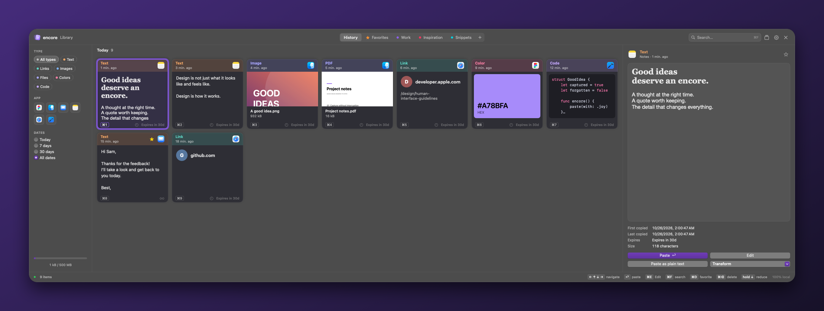 The encore library with filters, cards and a preview panel